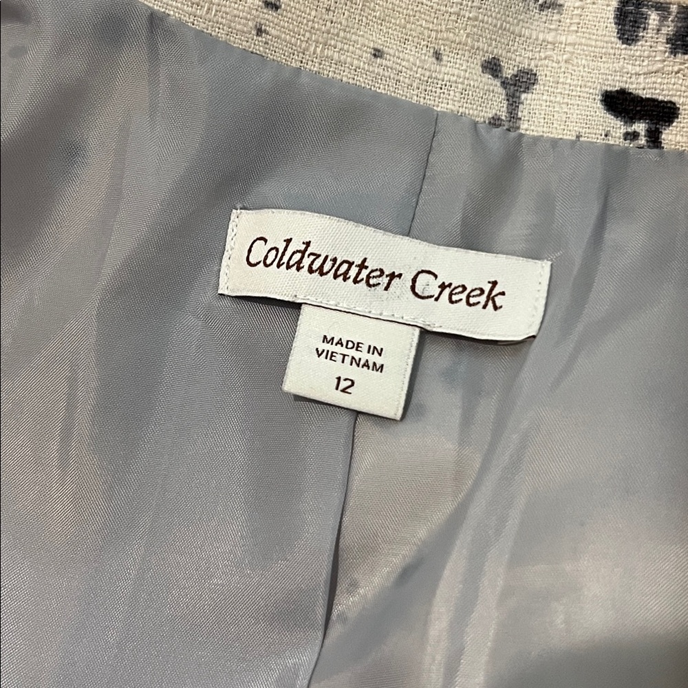COLDWATER CREEK Print Blazer Jacket 12 White Black Linen Blend 3/4 Sleeve - Picture 11 of 16